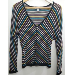 M Missoni Black Sheer Rainbow Striped Deep V-neck Long-Sleeve Top